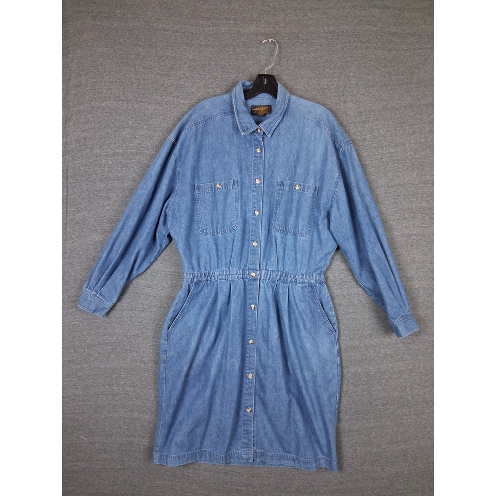 VTG Eddie Bauer Womens Dress Me Blue Denim Button Cottage Core Jumper Modest